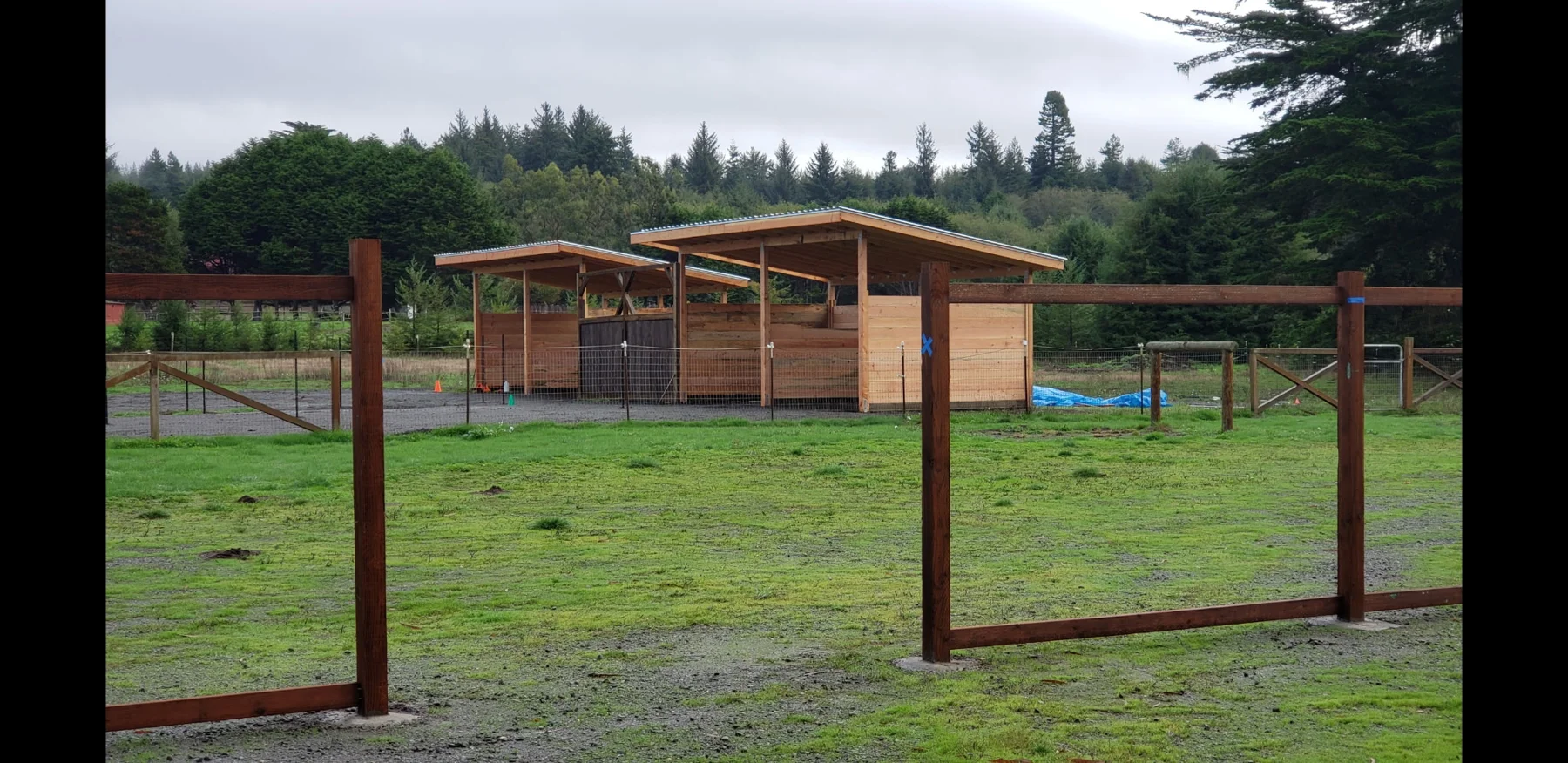 Timber open-front shelter beside a green paddock